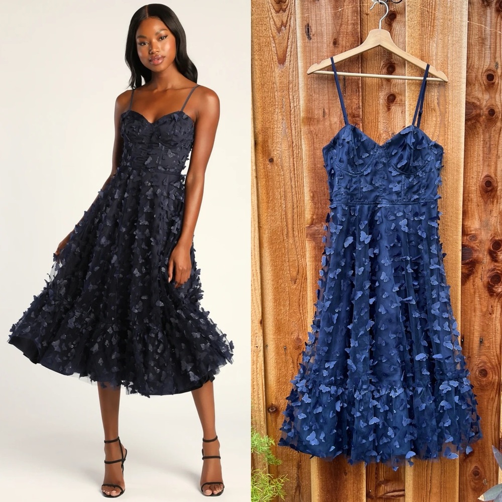 Navy 3D Butterfly Lace-Up Corset Tulle Midi Dress 🌿